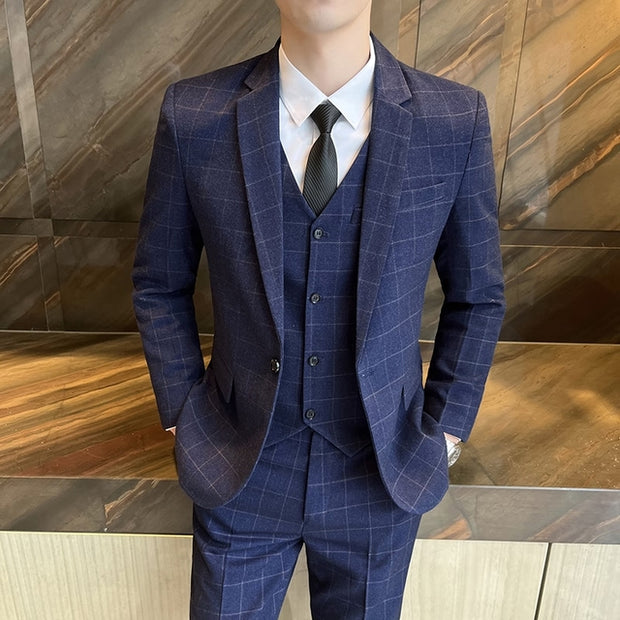 West Louis™ Business Casual Plaid High-End 3 Piece England Suit