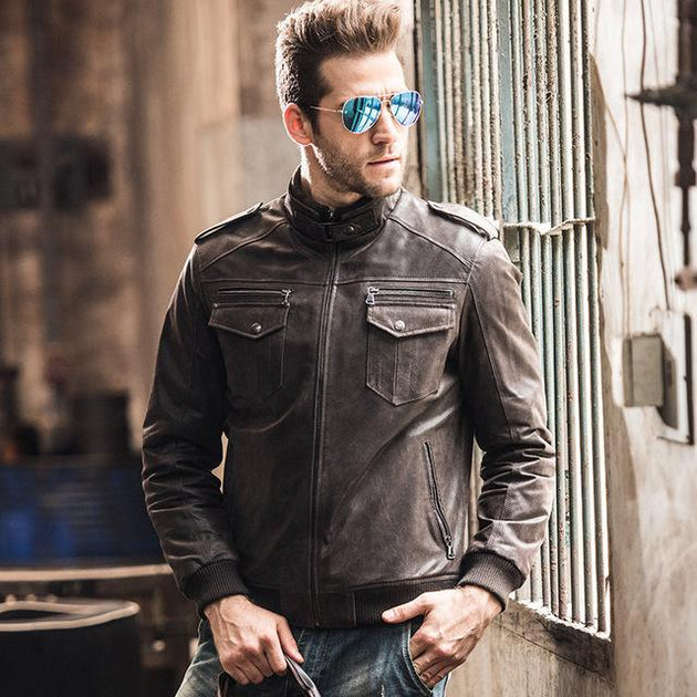 West Louis™ Pigskin Motorcycle Genuine Leather Jacket  メンズレザージャケット,  茶色のレザージャケット, ブルゾン メンズ