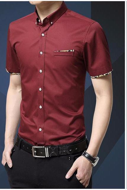 West Louis™ Short Sleeve Slim Fit Cotton Shirt Red / M - West Louis