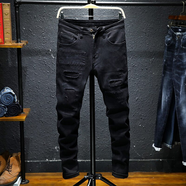 West Louis™ Black Patchwork Stretch Hip Hop Denim Jean Pants