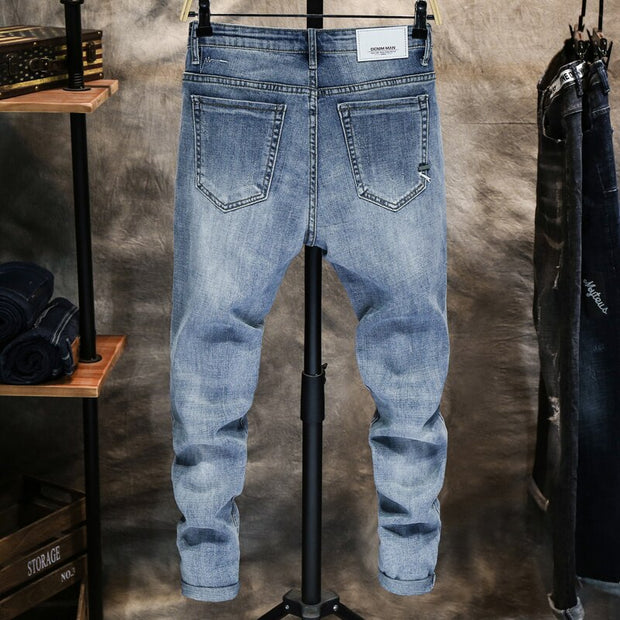 West Louis™ Men Skinny Stretch Light Blue Streetwear Denim Jeans