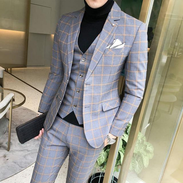 West Louis™ England Style Plaid Slim Fit 3 Piece Suit