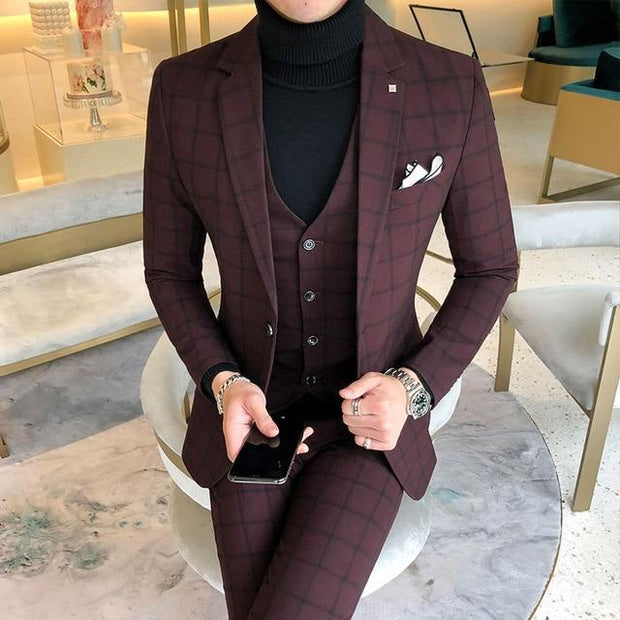 West Louis™ England Style Plaid Slim Fit 3 Piece Suit