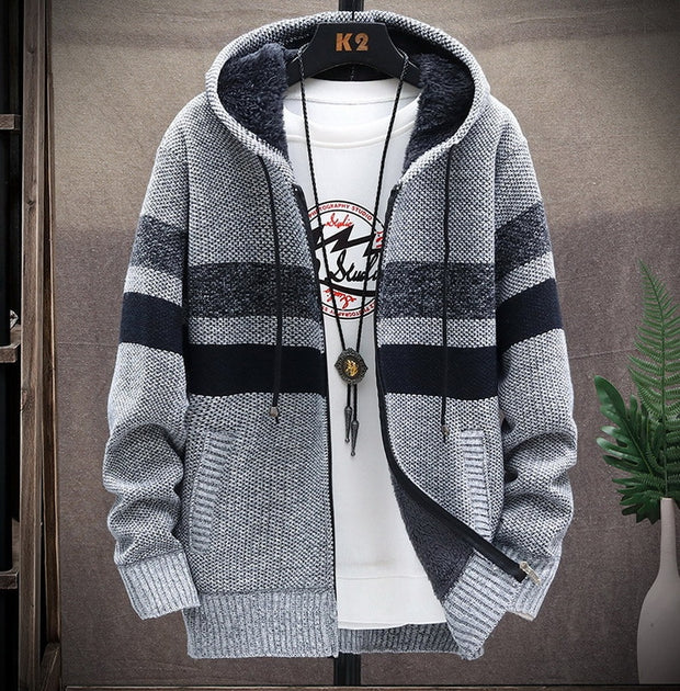 West Louis™ Striped Fleece Warm Zipper Hooded Jumper