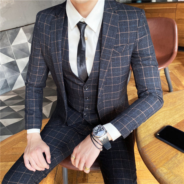 West Louis™ Designer Business Acetate Plaid Slim 3 Piece Suit