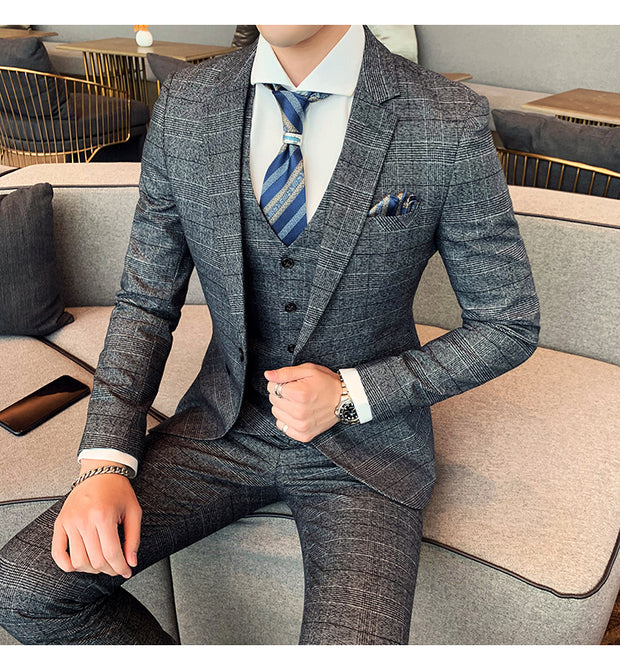 West Louis™ Tailored Men Plaid 3 Piece Suit (Blazer+Pants+Vest)