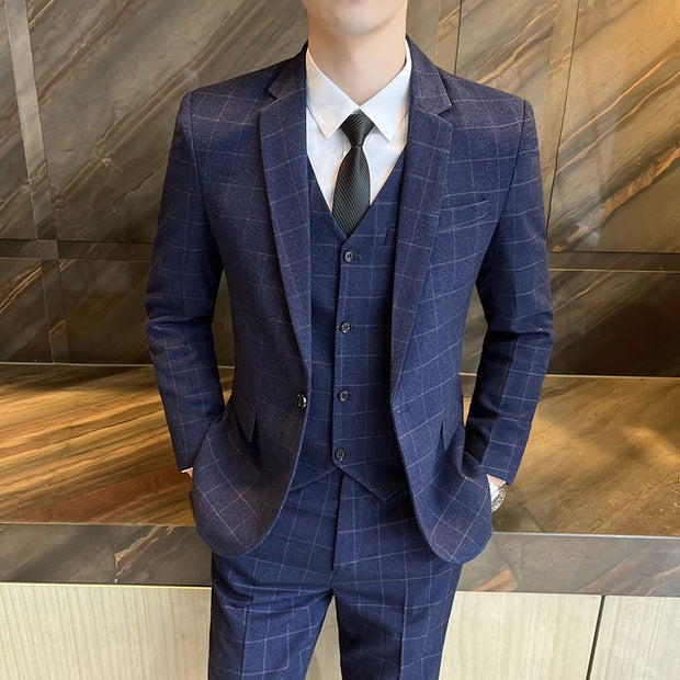 West Louis™ Business Casual Plaid High-End 3 Piece England Suit