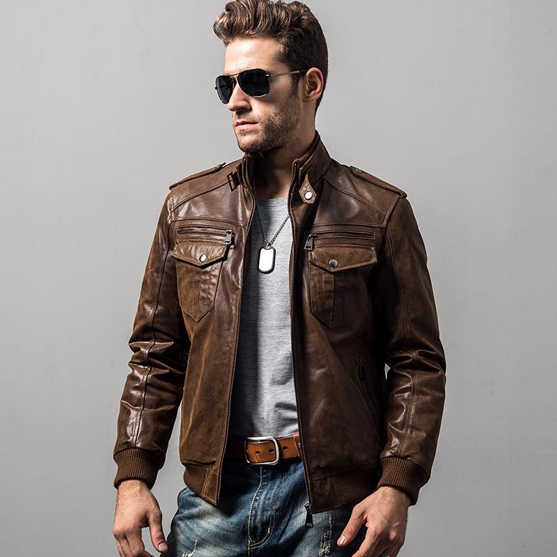 West Louis™ Pigskin Motorcycle Genuine Leather Jacket  メンズレザージャケット,  茶色のレザージャケット, ブルゾン メンズ