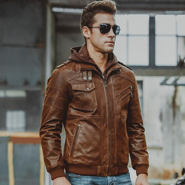 West Louis™ Removable hooded Genuine Leather  - West Louis