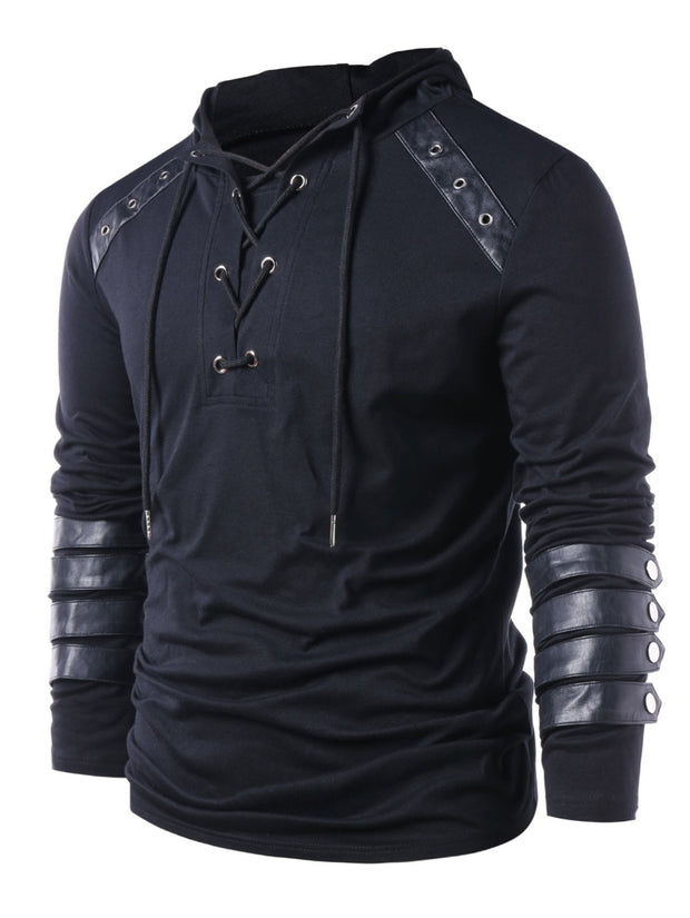 West Louis™ Faux Leather Sleeve Drawstring Hoodie